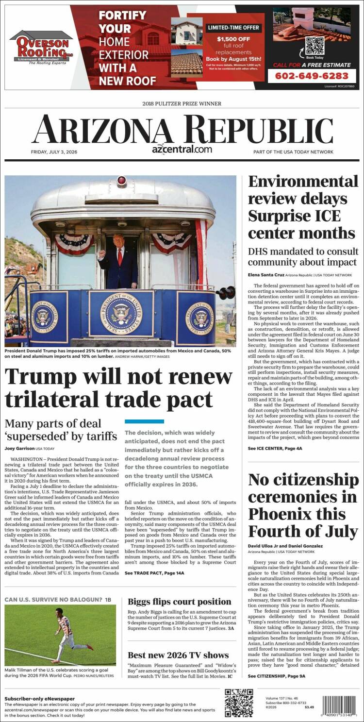 Portada de Arizona Republic News (USA)