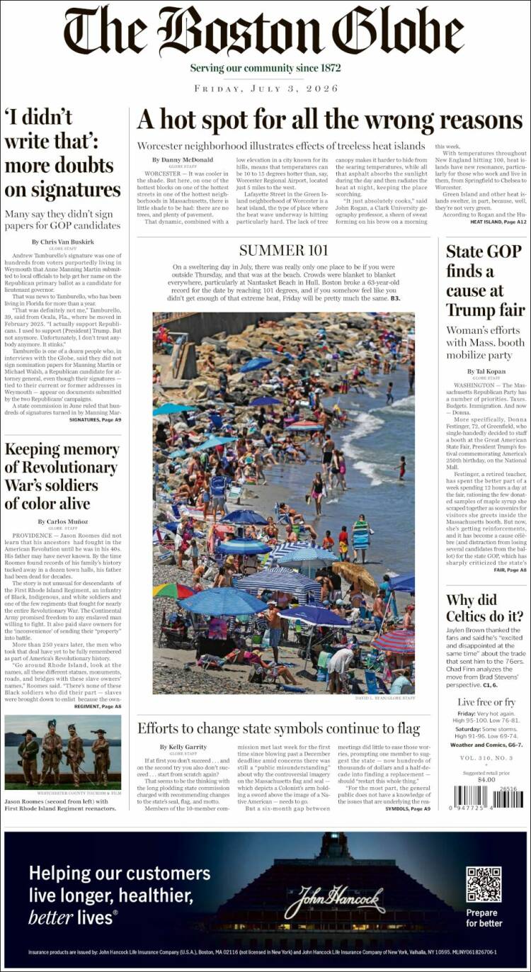 Portada de Boston Globe (USA)