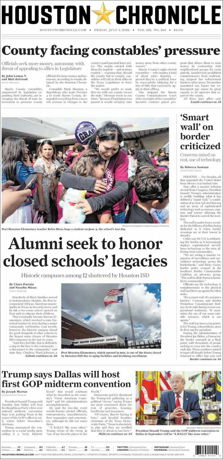Portada de Houston Chronicle (USA)