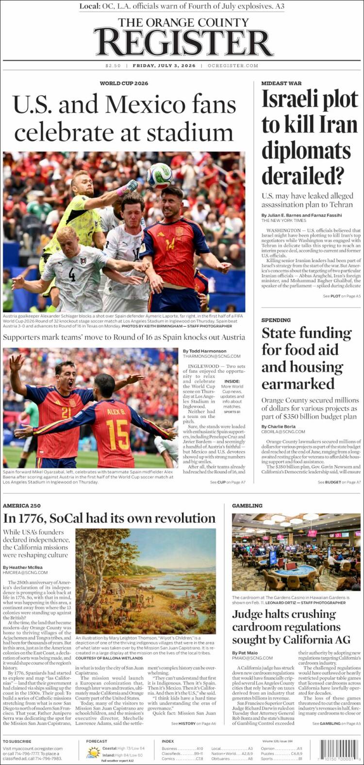 Portada de The Orange County Register (USA)