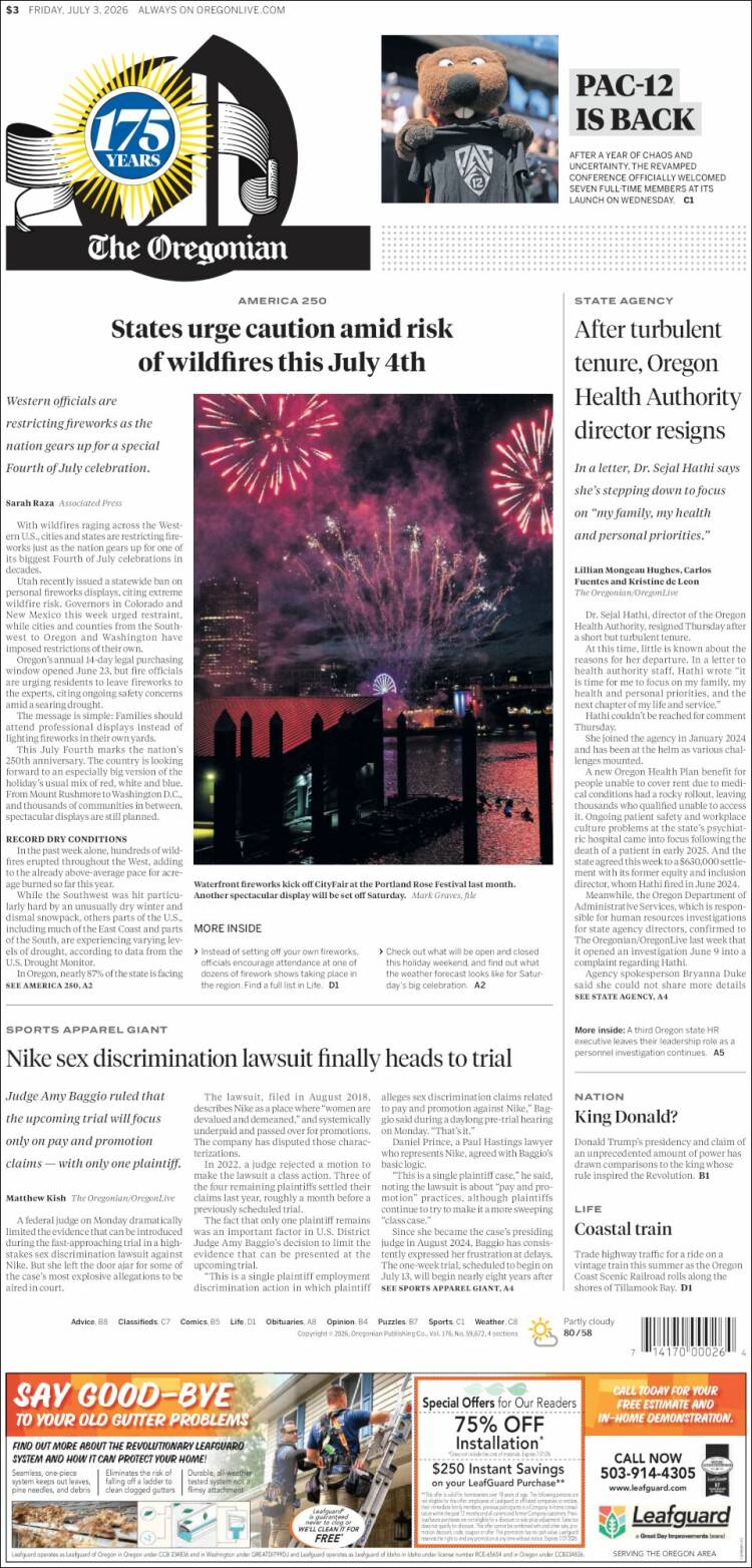 Portada de The Oregonian (USA)