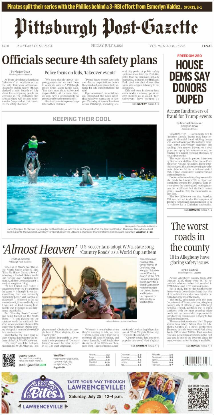 Portada de Pittsburgh Post-Gazette (USA)