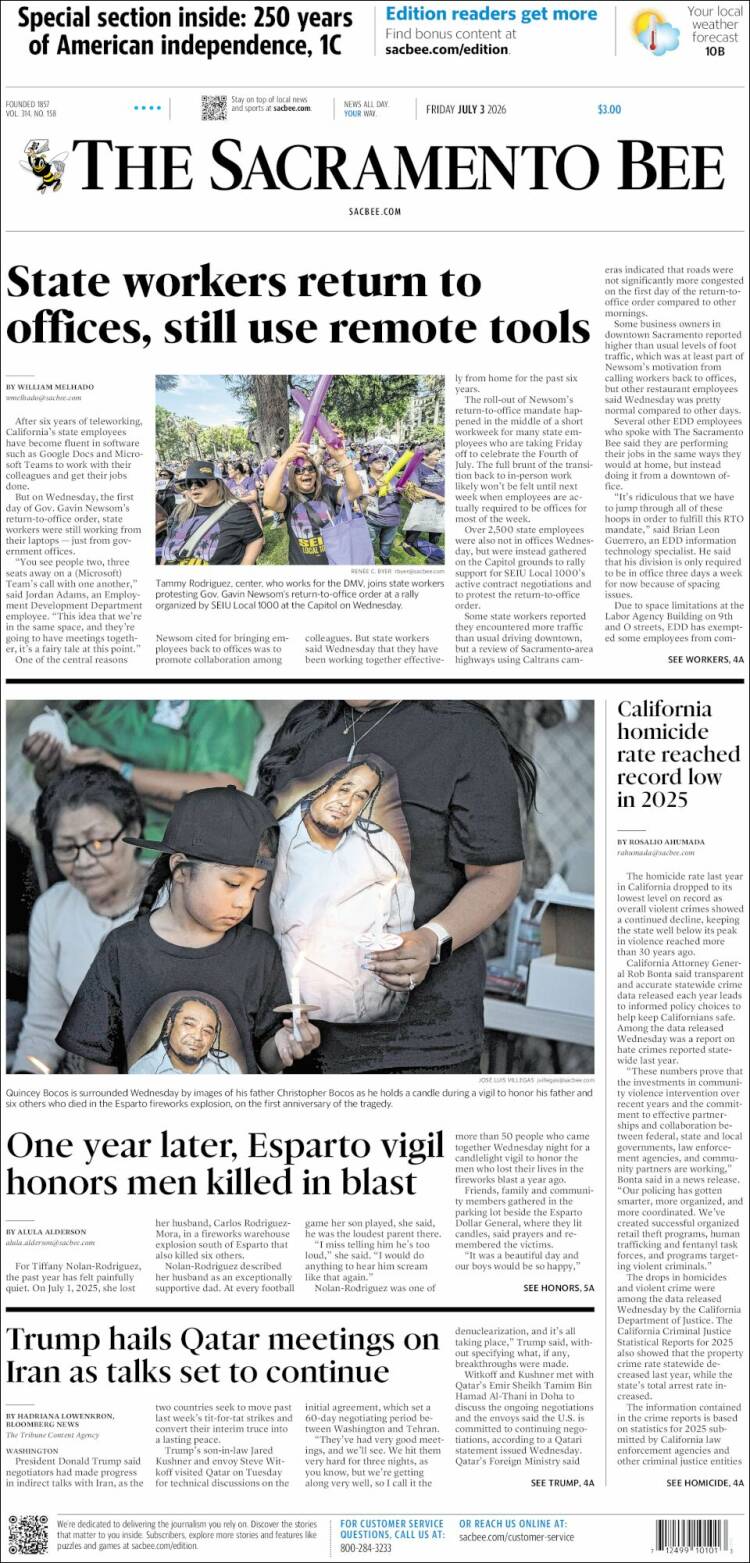 Portada de The Sacramento Bee (USA)
