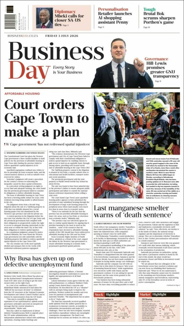 Portada de Business Day (Sud&aacute;frica)