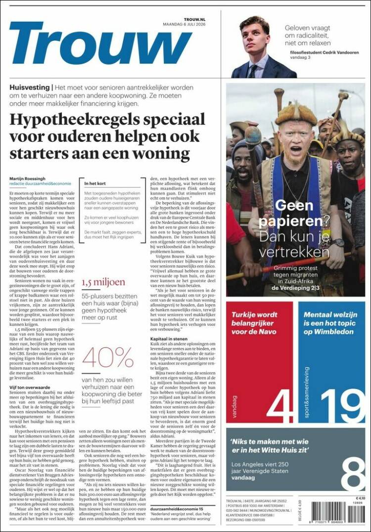 Portada de Trouw (Pa&iacute;ses Bajos)