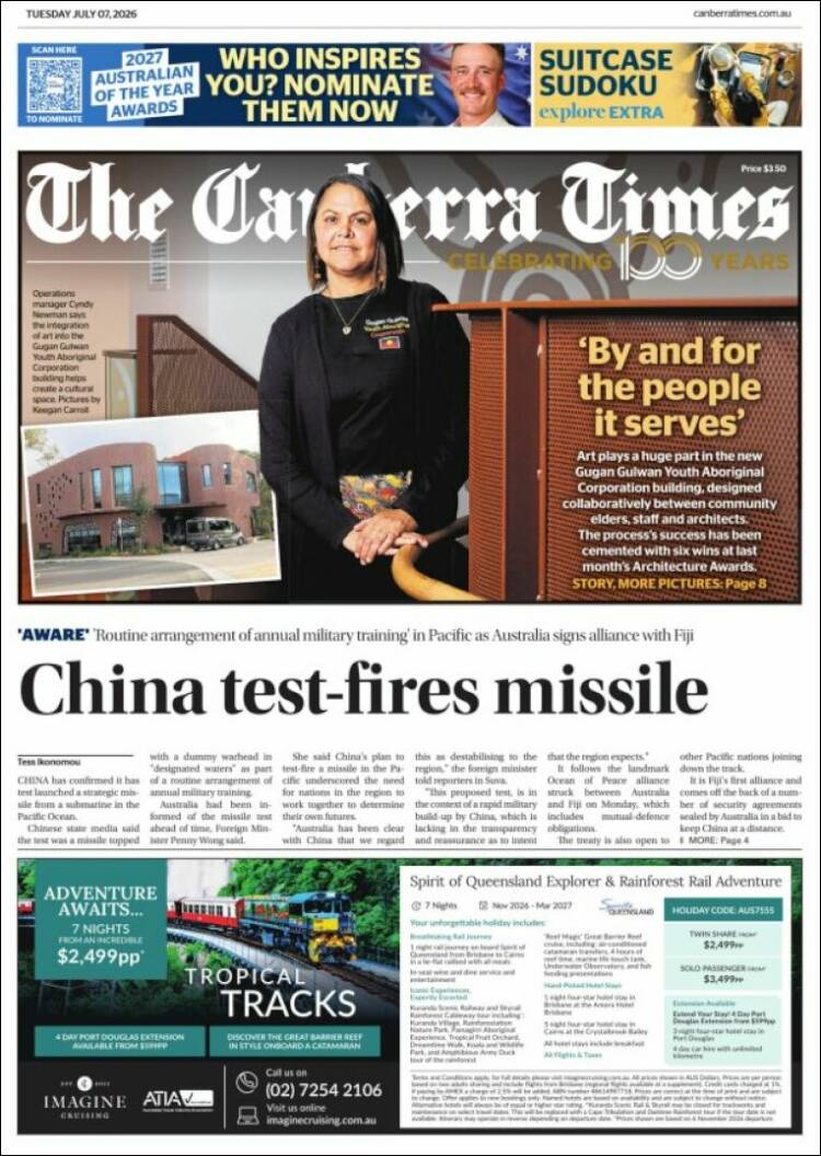 Portada de The Canberra Times (Australia)