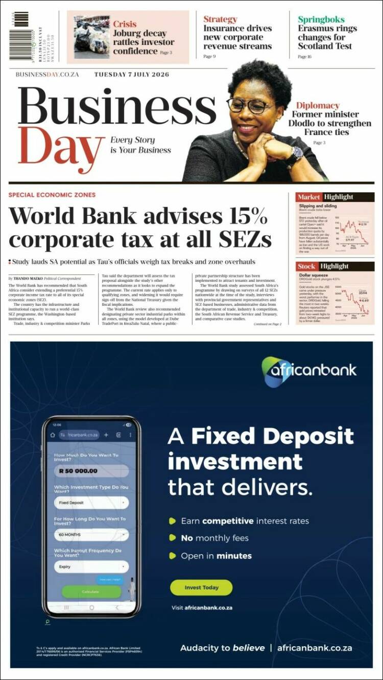 Portada de Business Day (South Africa)