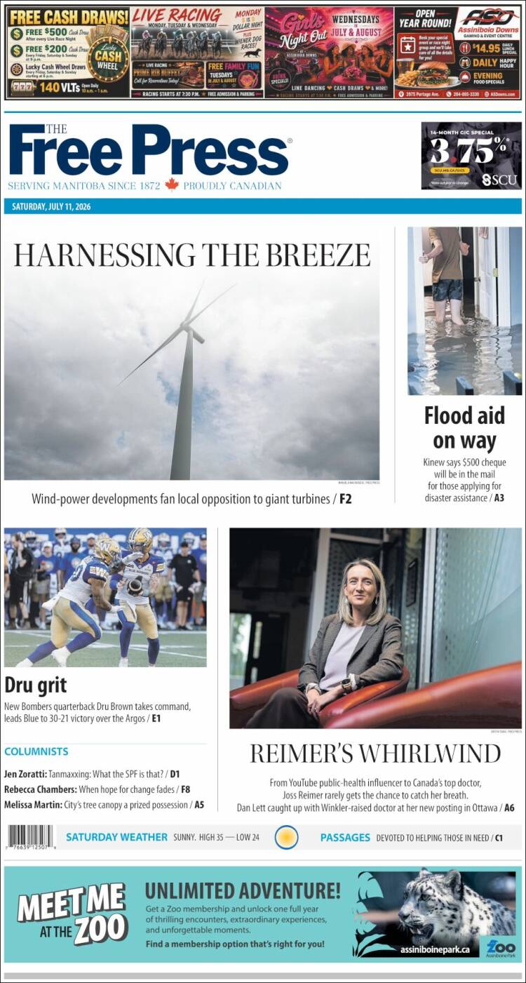 Portada de Winnipeg Free Press (Canad&aacute;)