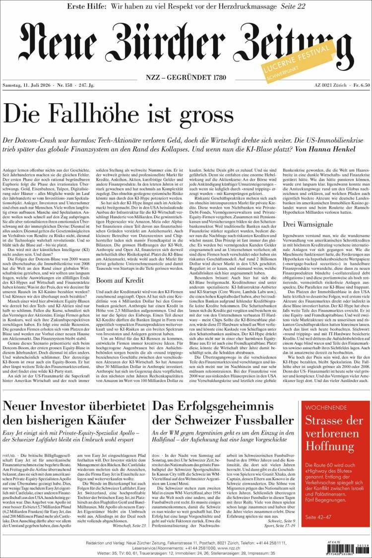 Portada de Neue Zürcher Zeitung (Suiza)