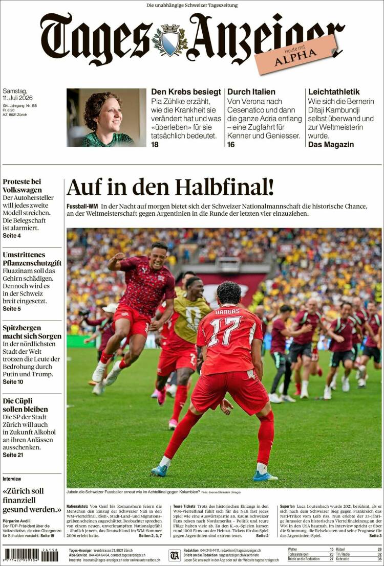 Portada de Tages-Anzeiger (Suiza)