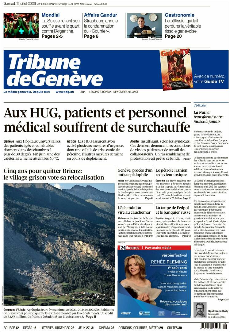 Portada de La Tribune de Genève (Suiza)