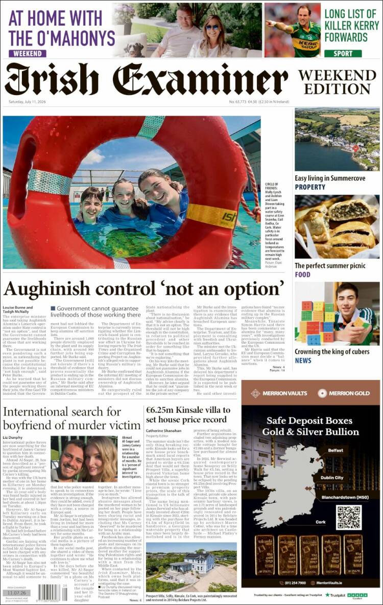 Portada de Irish Examiner (Irlanda)