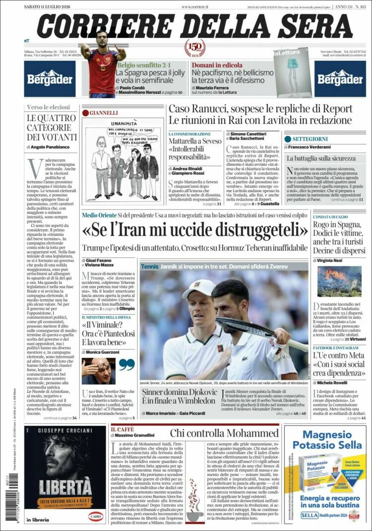Portada de Corriere della Sera (Italia)