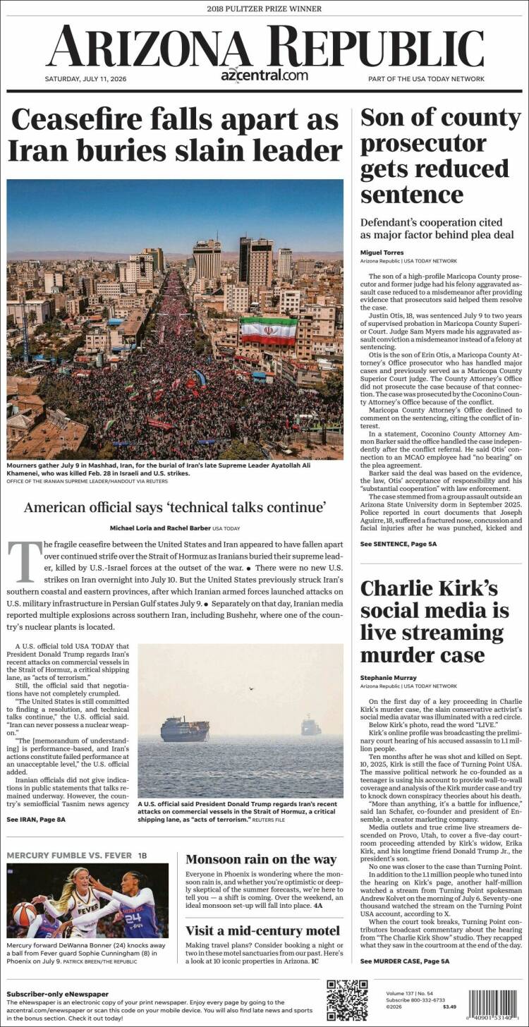 Portada de Arizona Republic News (USA)