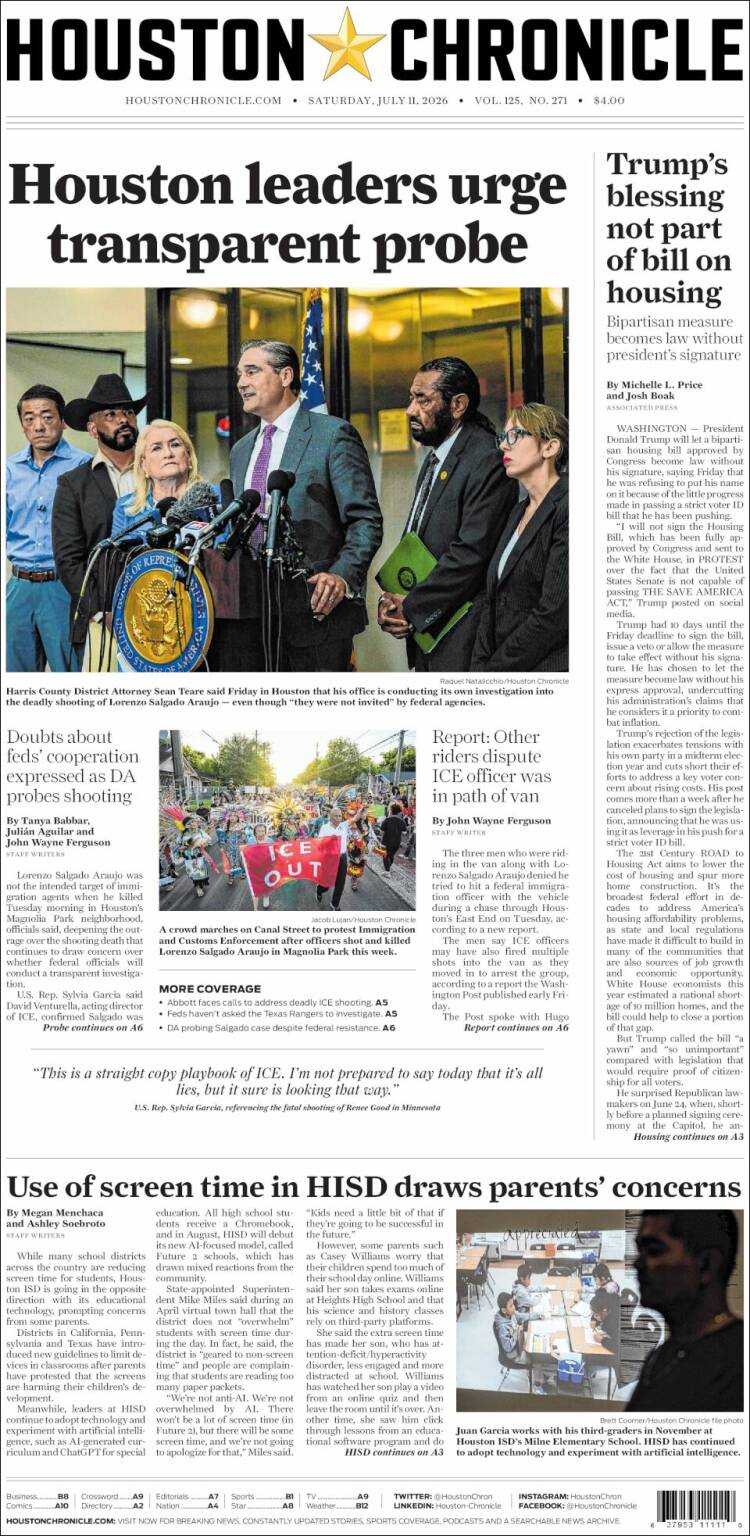 Portada de Houston Chronicle (USA)
