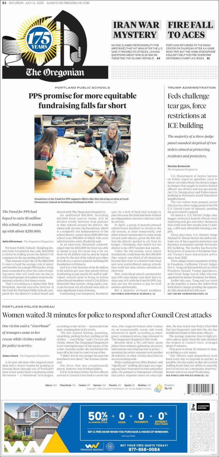 Portada de The Oregonian (USA)