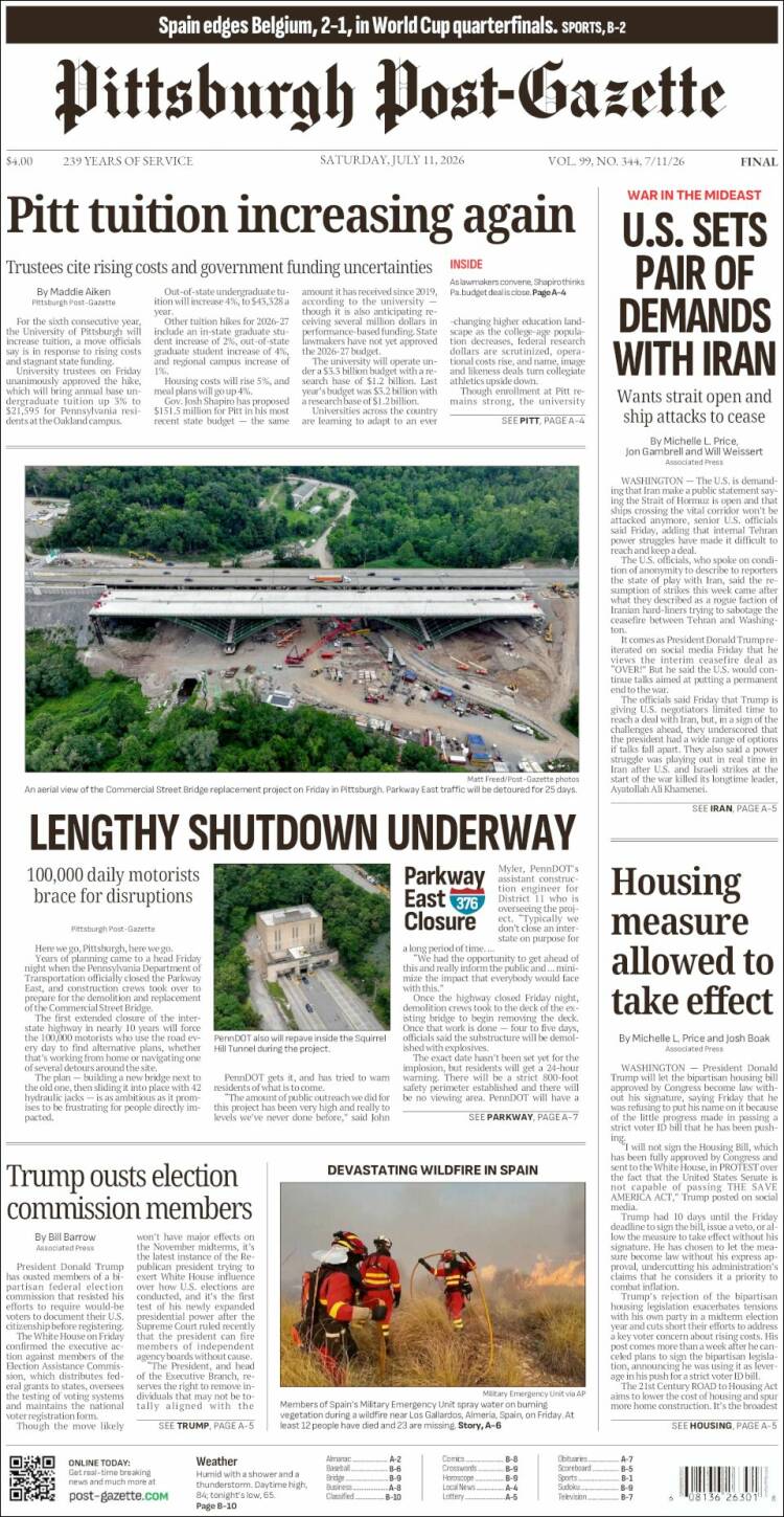 Portada de Pittsburgh Post-Gazette (USA)