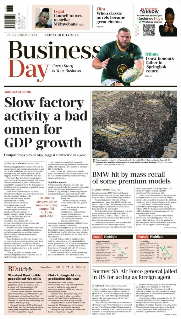 Portada de Business Day (Sud&aacute;frica)