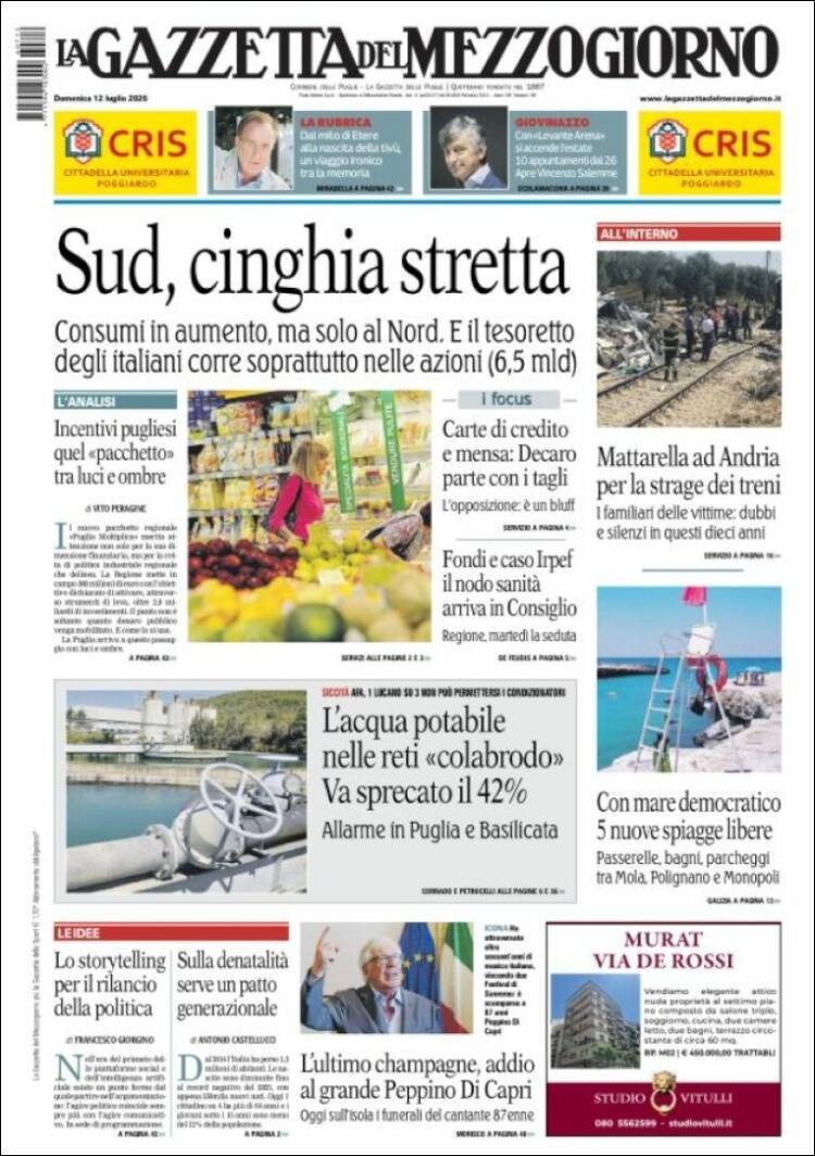 Portada de La Gazzetta del Mezzogiorno (Italia)