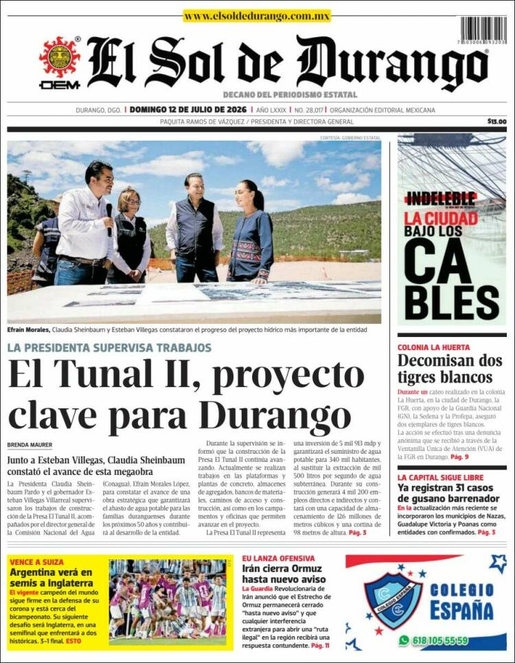 Portada de El Sol de Durango (M&eacute;xico)