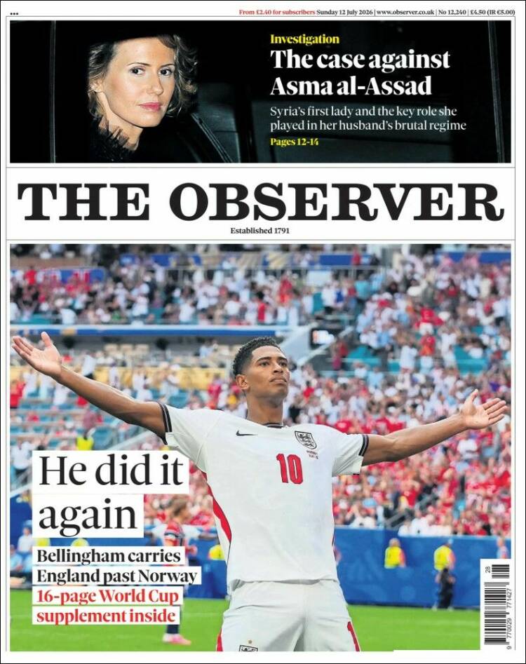 Portada de The Observer (Reino Unido)