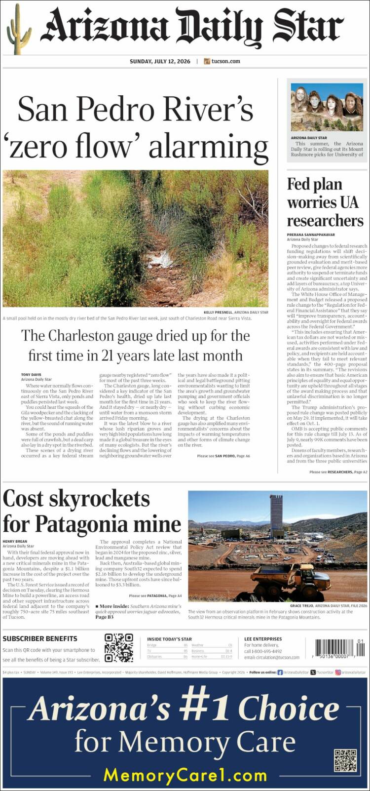 Portada de Arizona Daily Star (USA)
