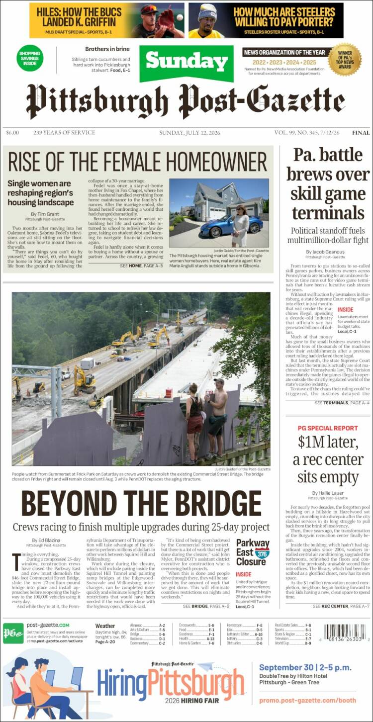 Portada de Pittsburgh Post-Gazette (USA)