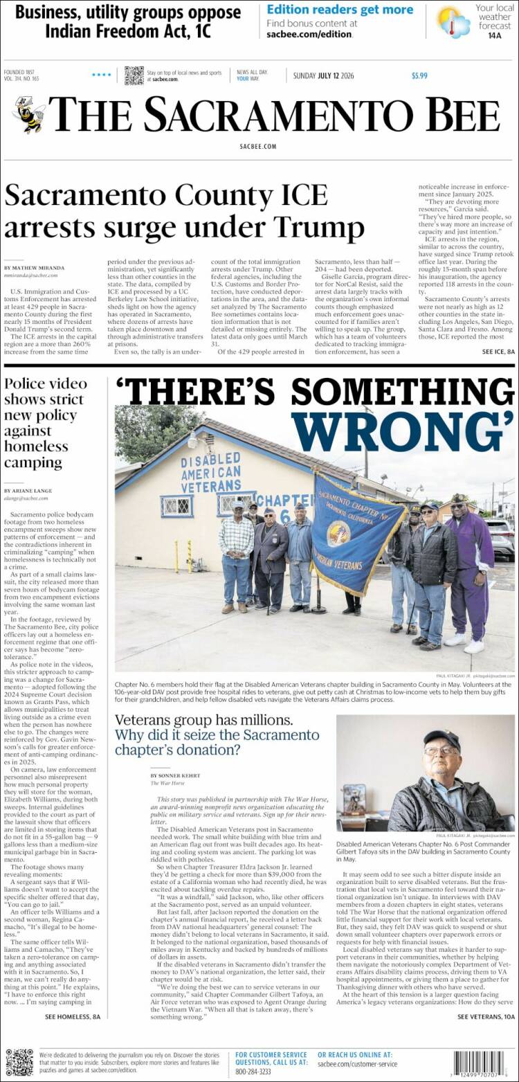 Portada de The Sacramento Bee (&Eacute;tats-Unis)