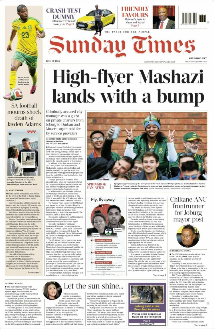Portada de The Times (Sud&aacute;frica)