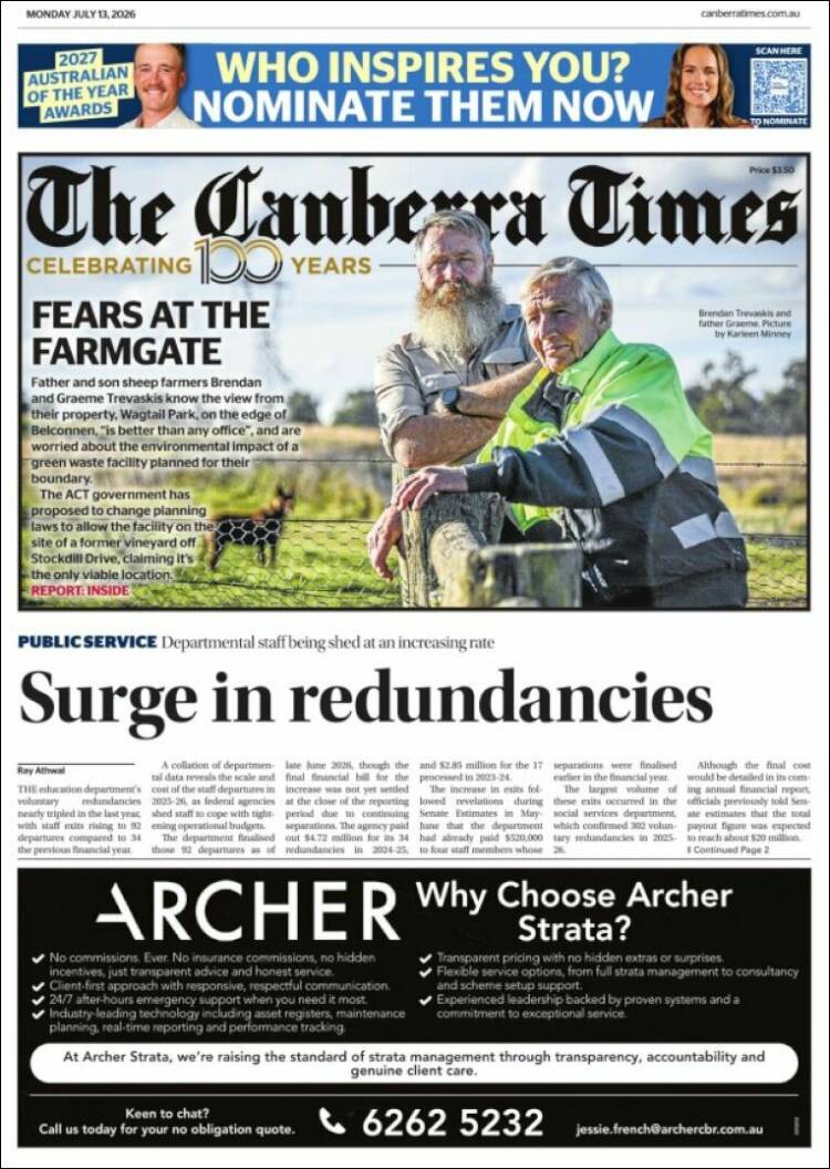 Portada de The Canberra Times (Australia)