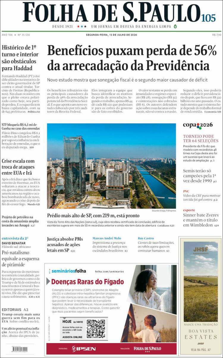 Portada de Folha de São Paulo (Brasil)