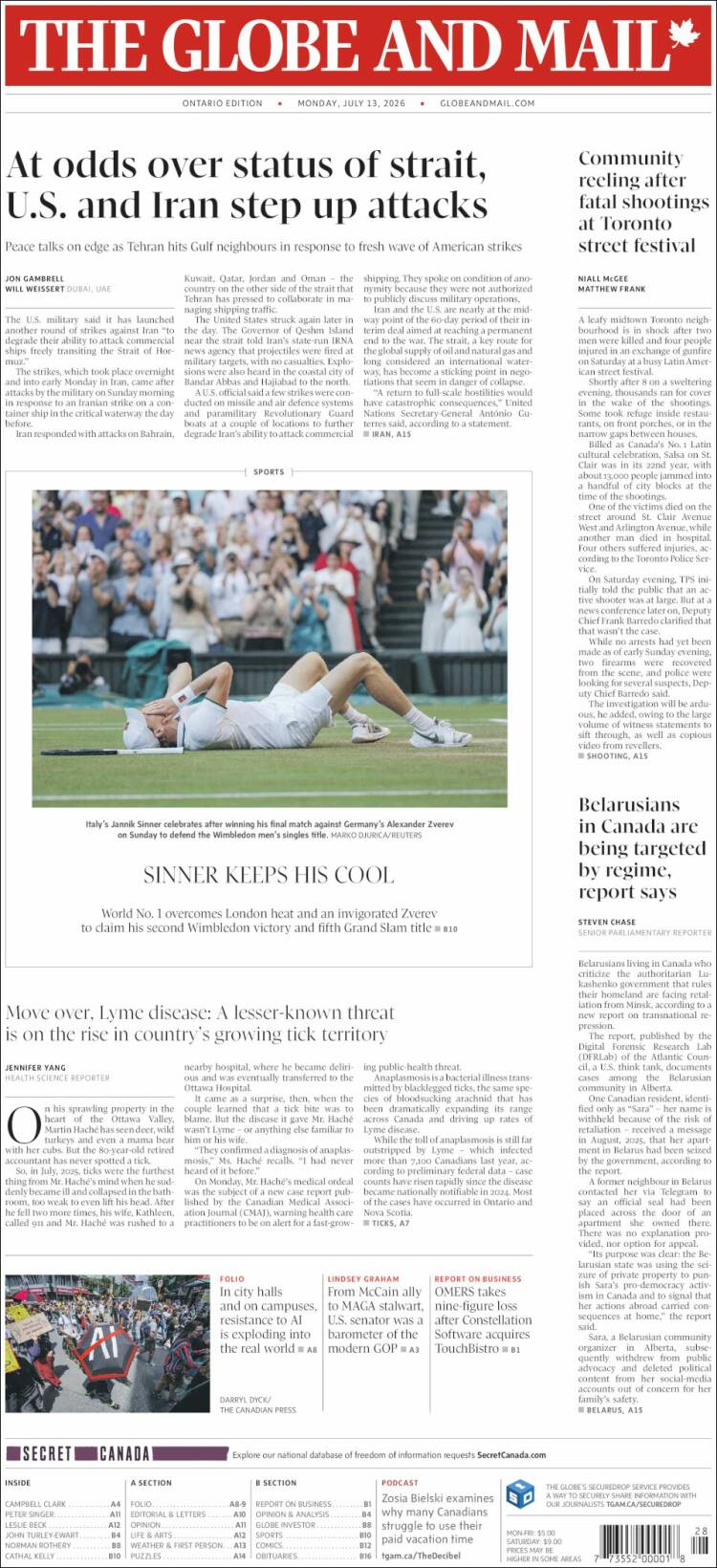 Portada de The Globe and Mail (Canad&aacute;)