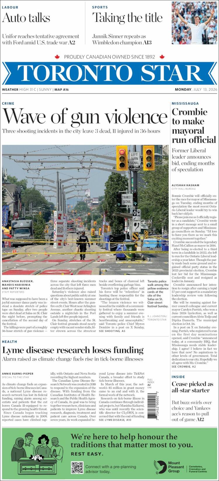 Portada de The Toronto Star (Canad&aacute;)