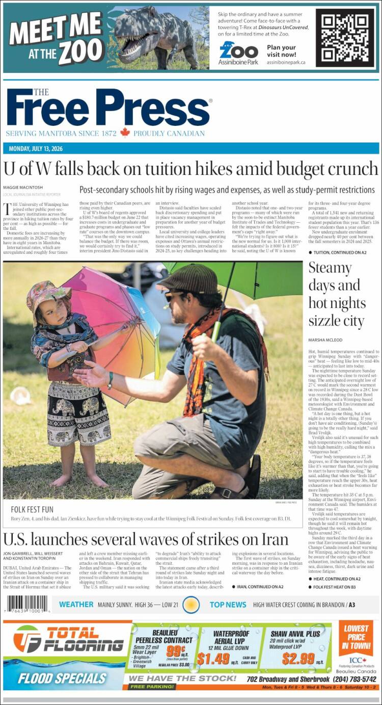 Portada de Winnipeg Free Press (Canad&aacute;)