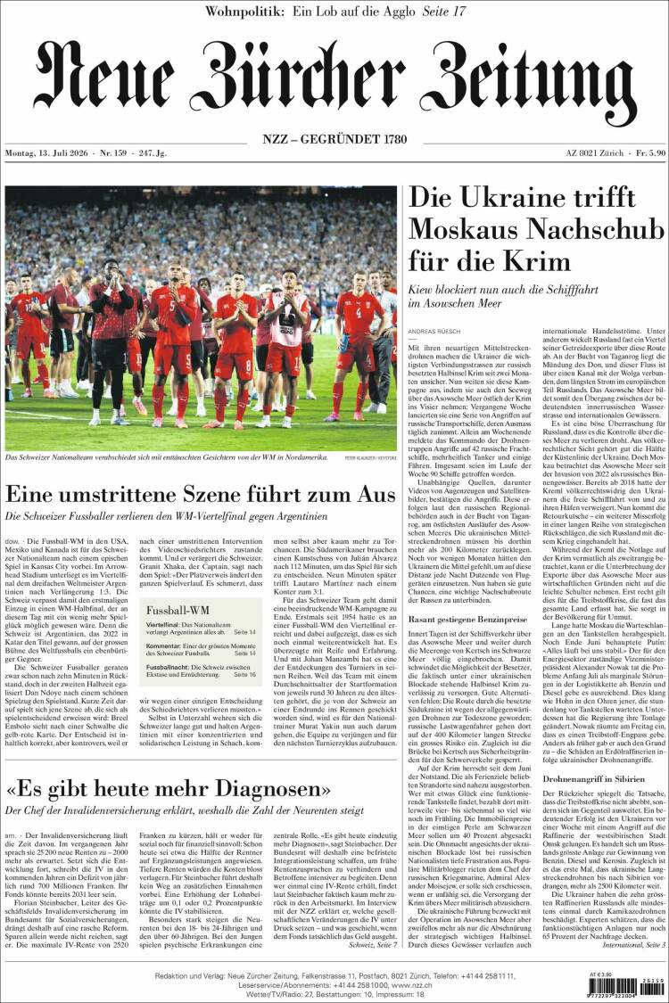 Portada de Neue Zürcher Zeitung (Suiza)