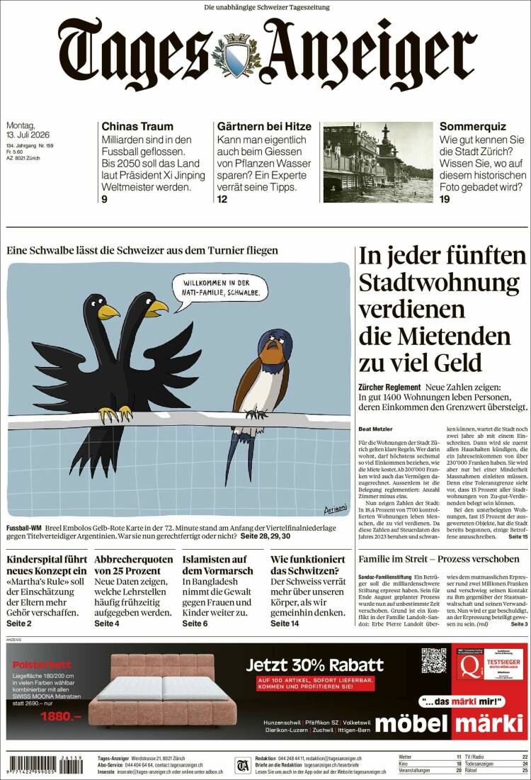 Portada de Tages-Anzeiger (Suiza)