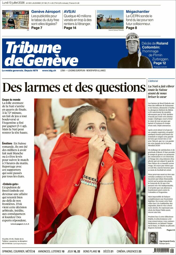 Portada de La Tribune de Genève (Suiza)