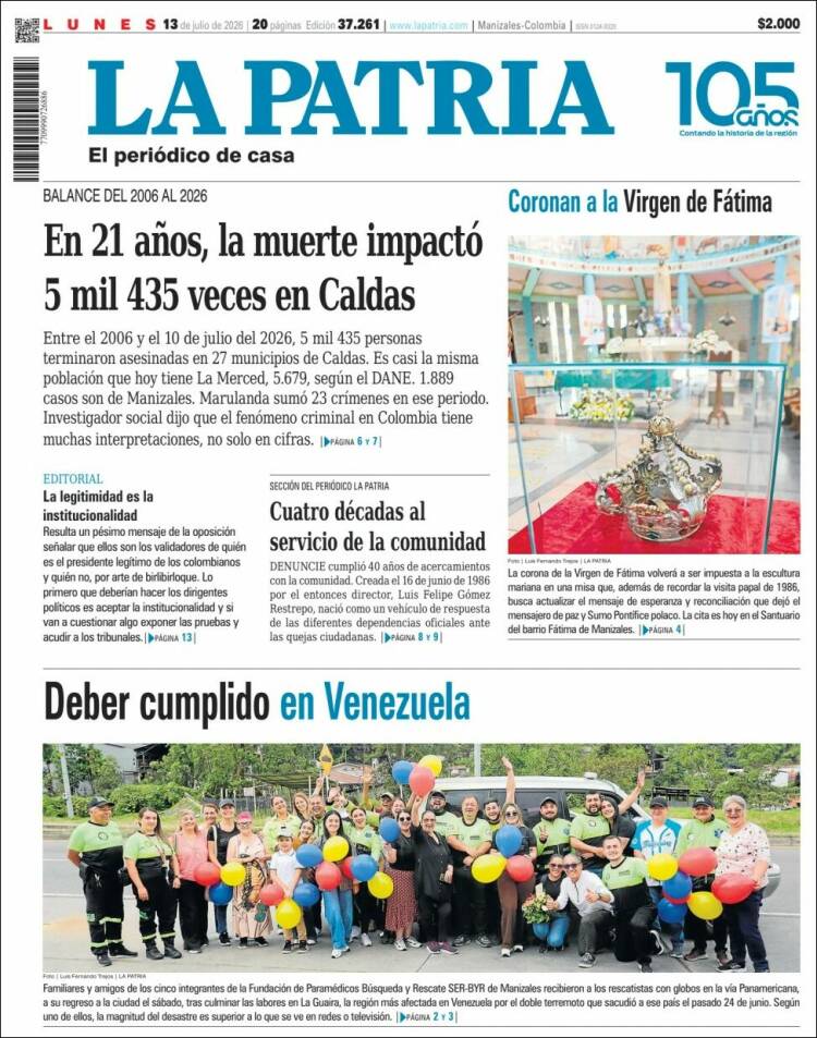 Portada de La Patria (Colombia)