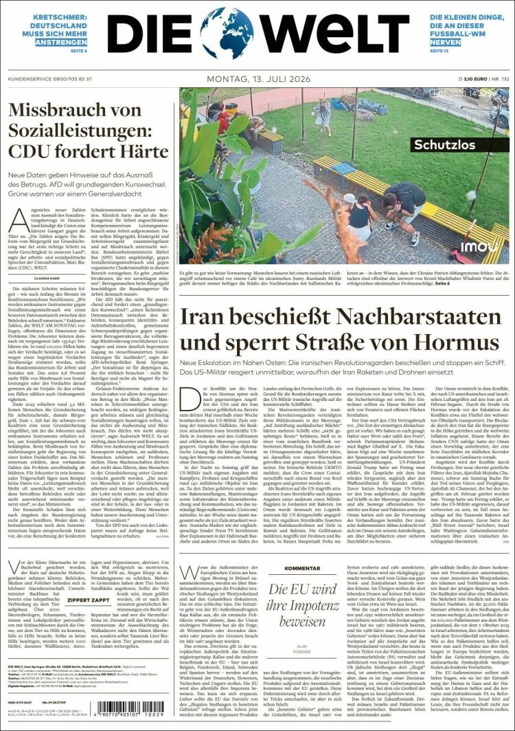 Portada de Die Welt (Alemania)
