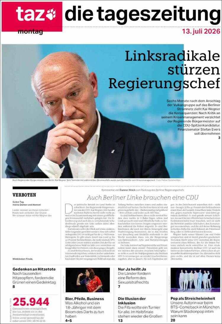 Portada de Die Tageszeitung (Alemania)