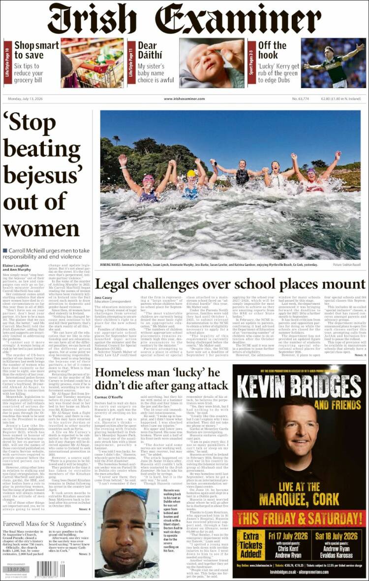 Portada de Irish Examiner (Irlanda)