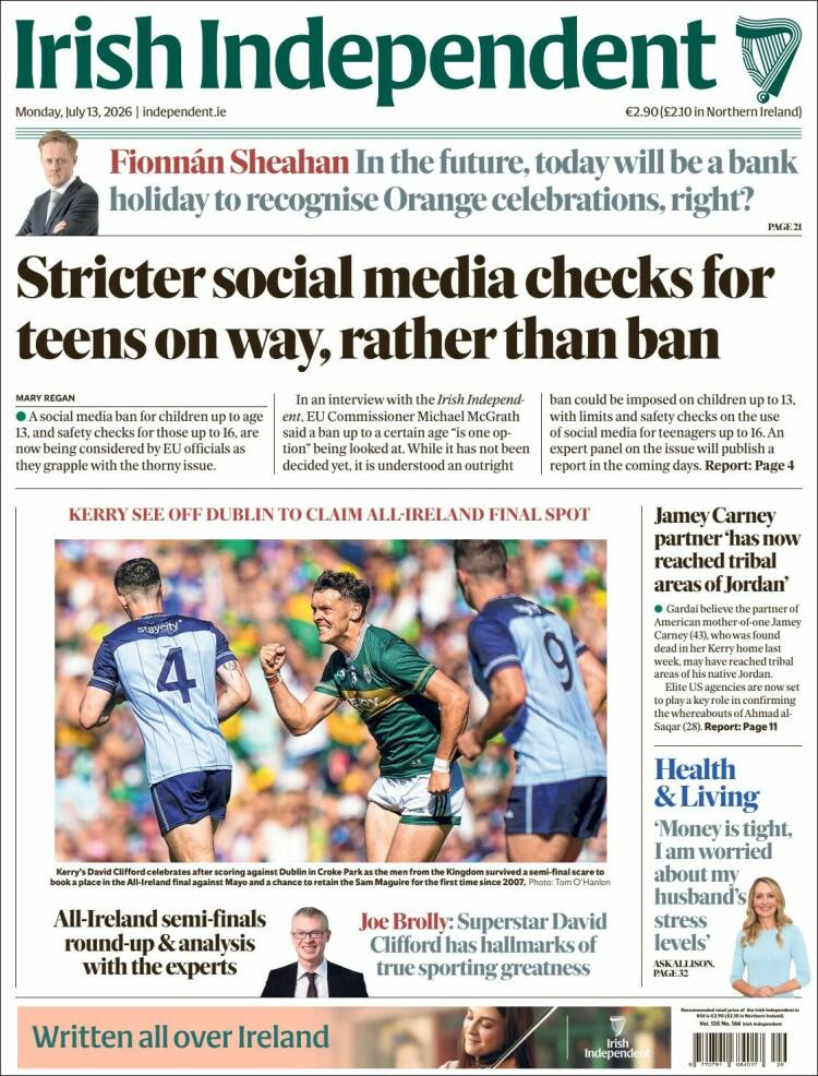 Portada de Irish Independent (Irlanda)