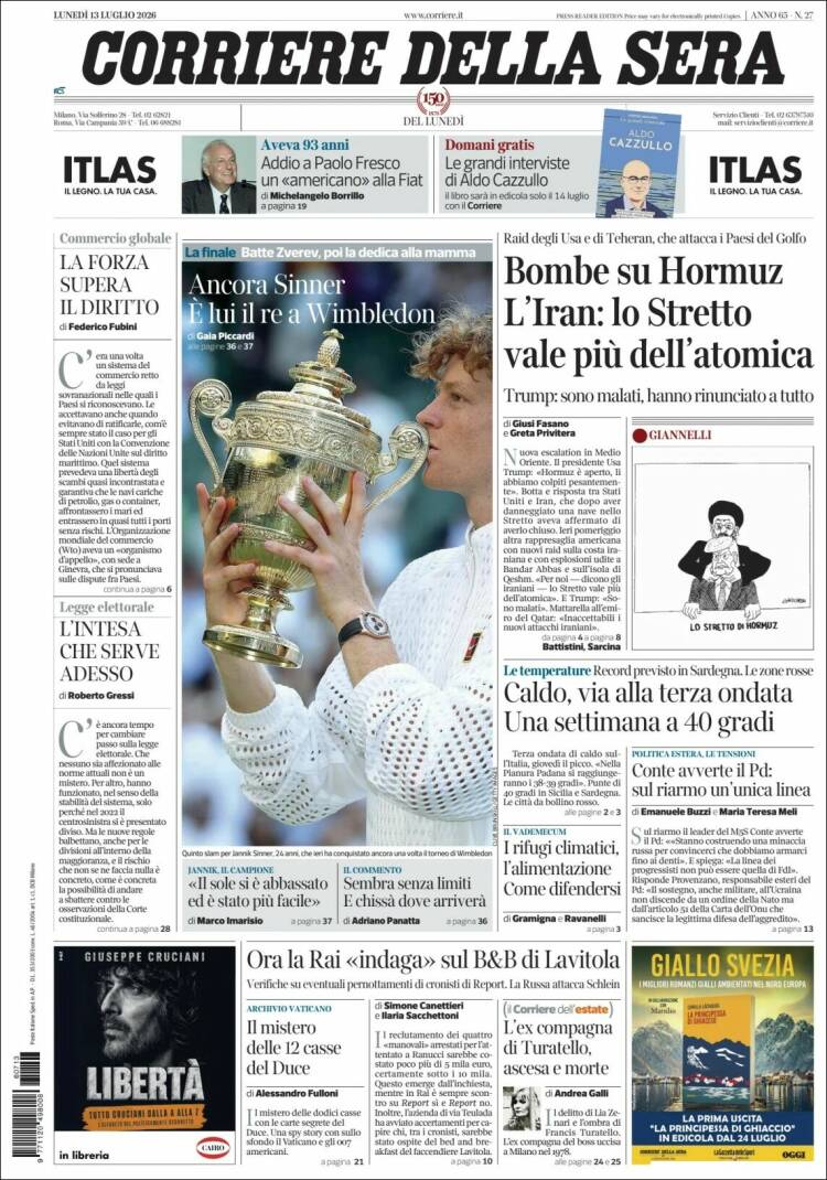 Portada de Corriere della Sera (Italia)