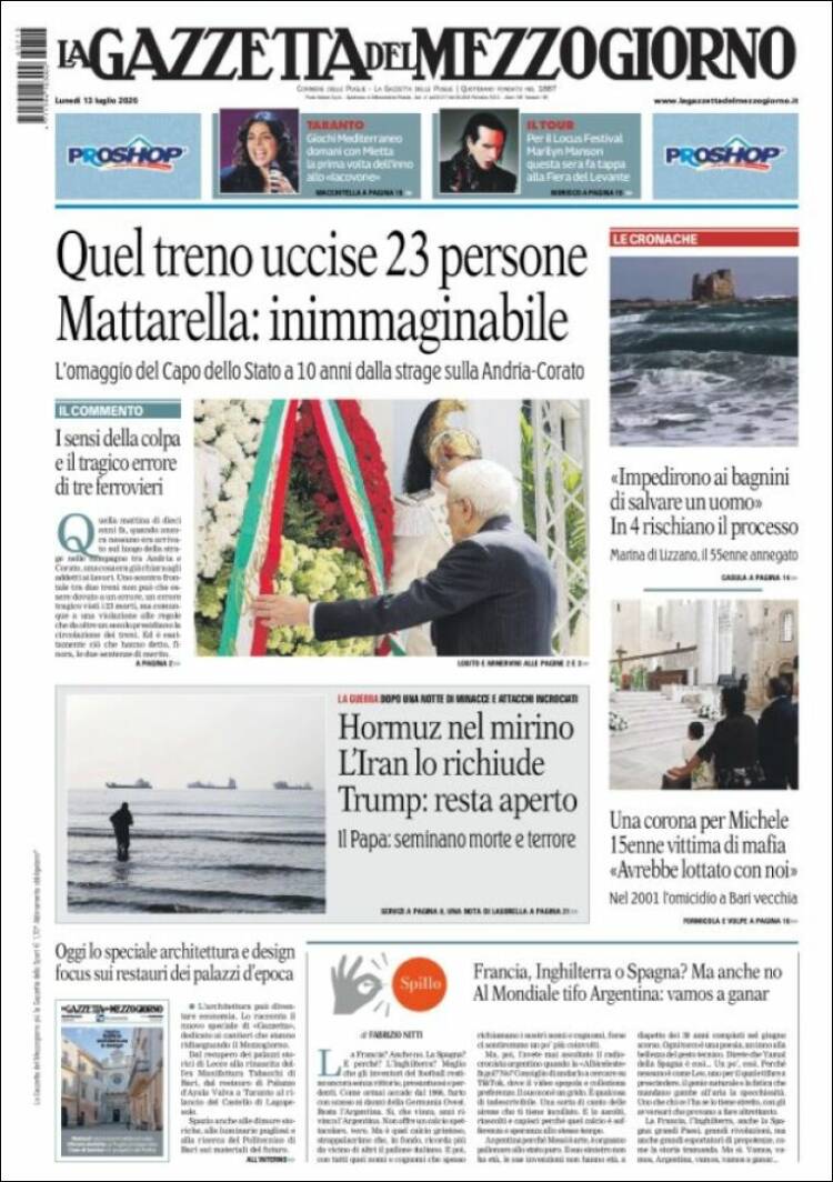 Portada de La Gazzetta del Mezzogiorno (Italia)