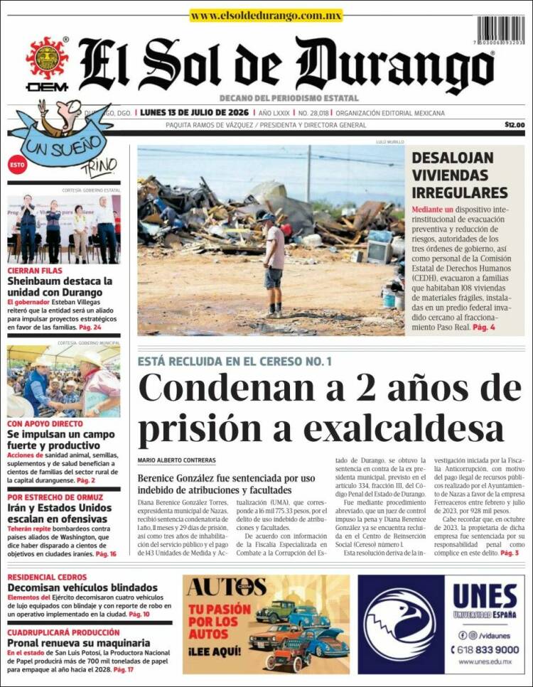 Portada de El Sol de Durango (M&eacute;xico)