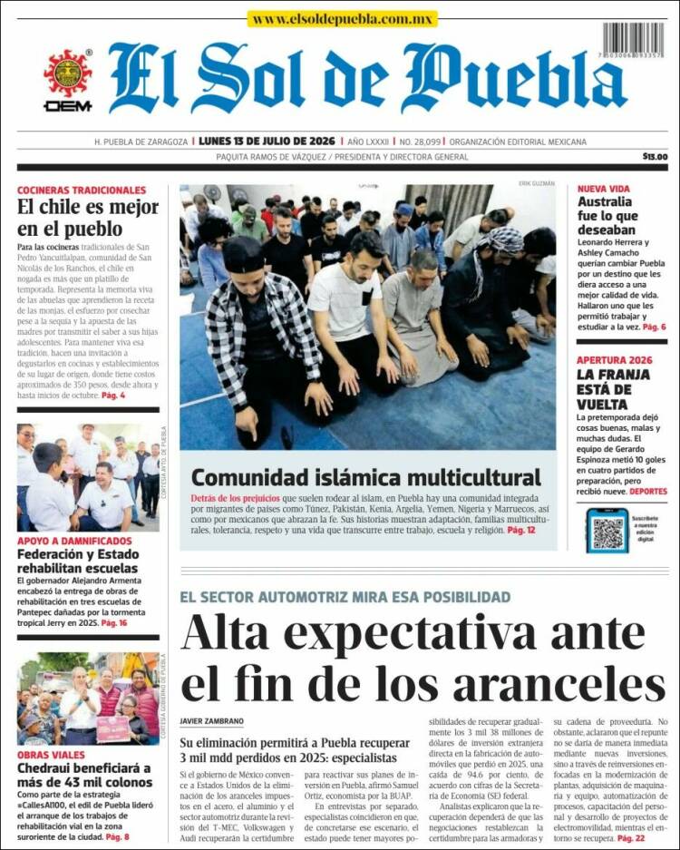 Portada de El Sol de Puebla (M&eacute;xico)