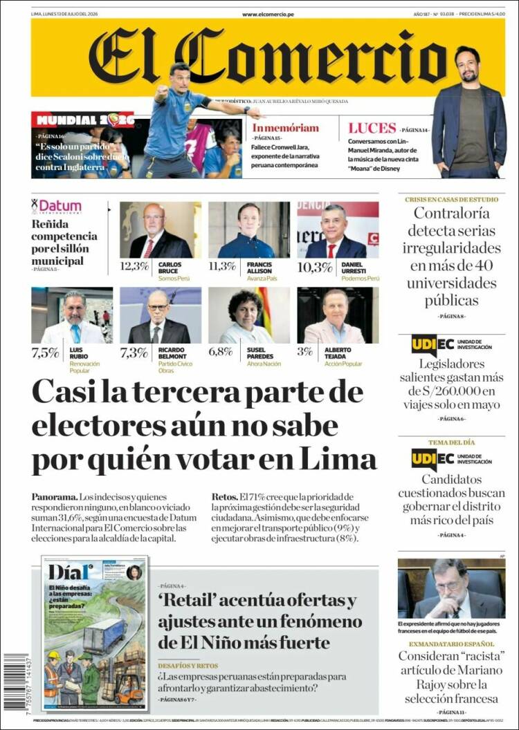 Portada de El Comercio (Per&uacute;)