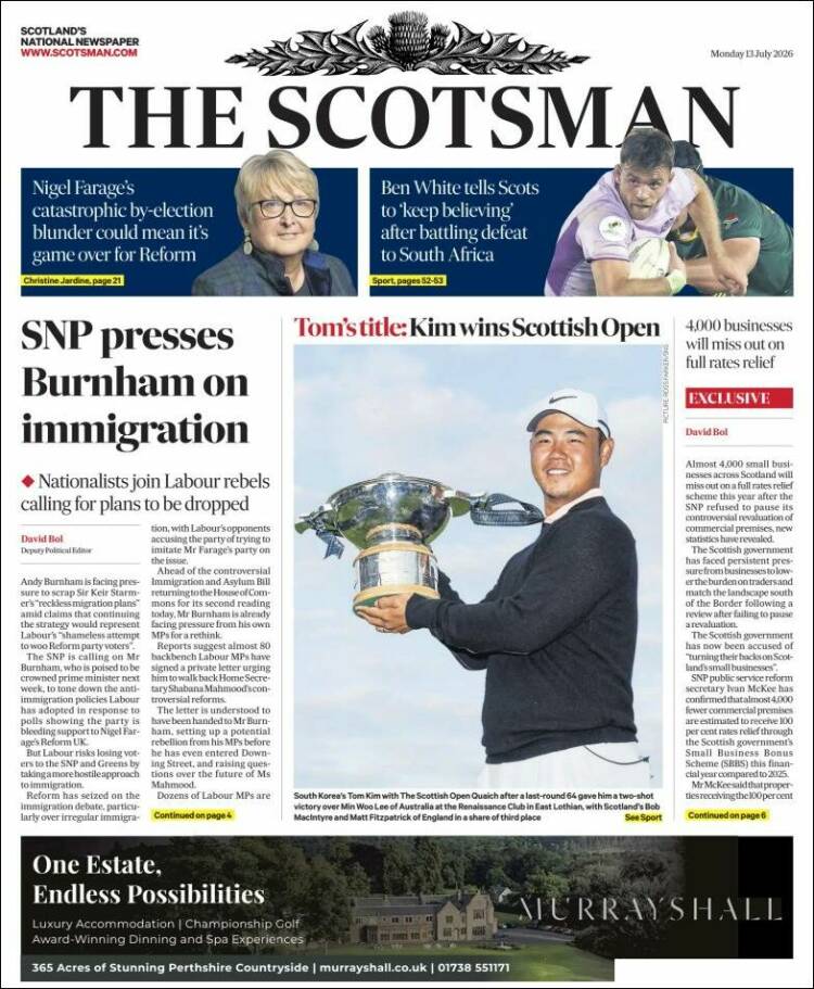Portada de The Scotsman (Reino Unido)