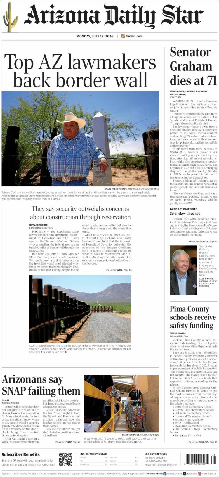 Portada de Arizona Daily Star (USA)