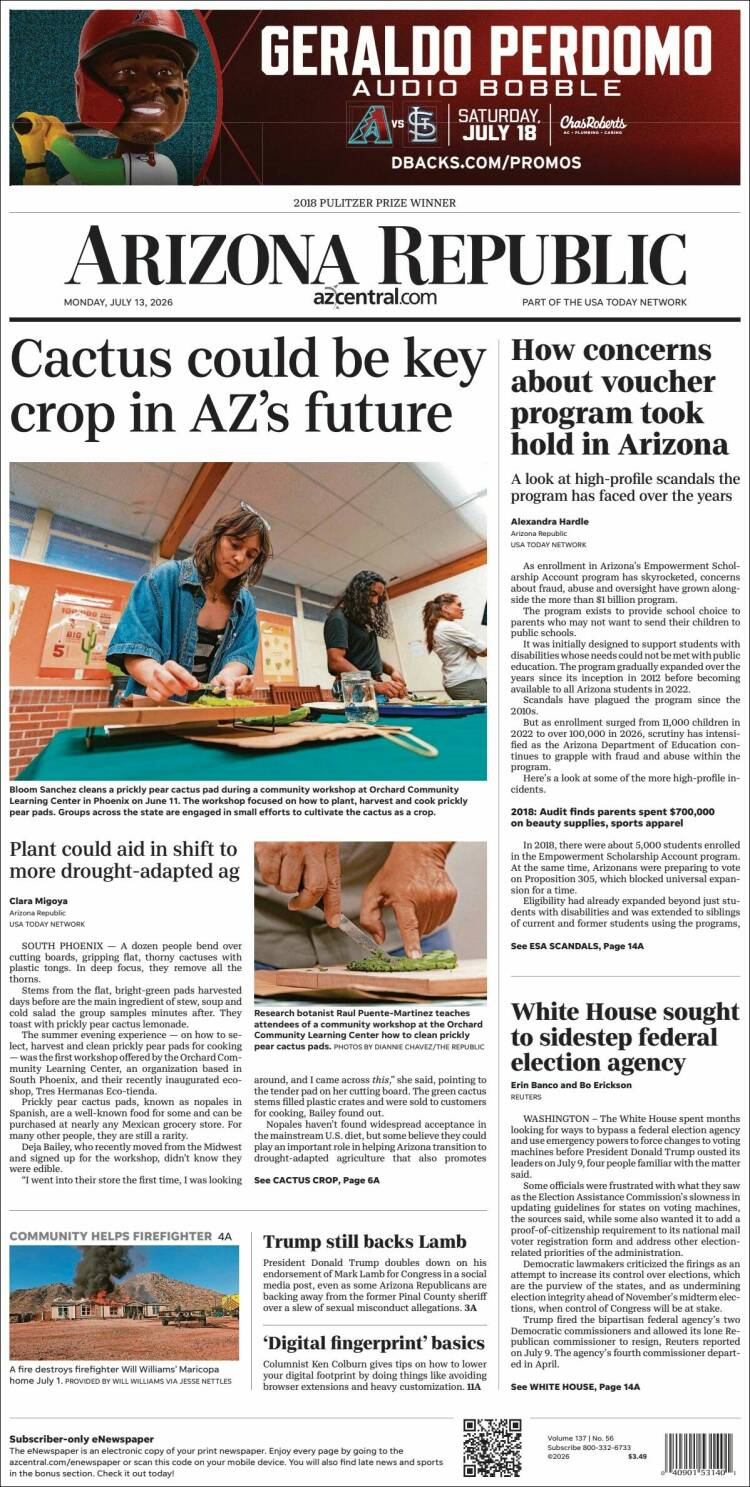 Portada de Arizona Republic News (USA)